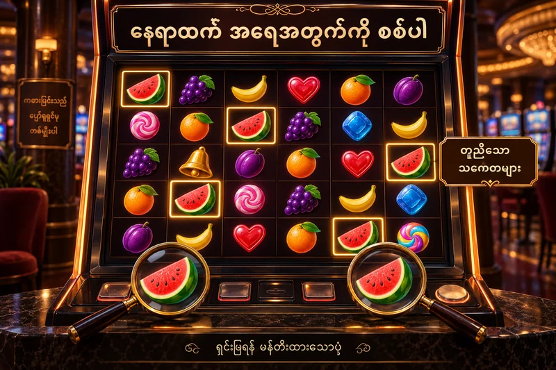အသီးနှင့် သကြားလုံး စလော့မျက်နှာပြင်တွင် နေရာကွဲပြားသော ဖရဲသီးသင်္ကေတများကို သီးခြားအမှတ်အသားပြထားသည့်ပုံ