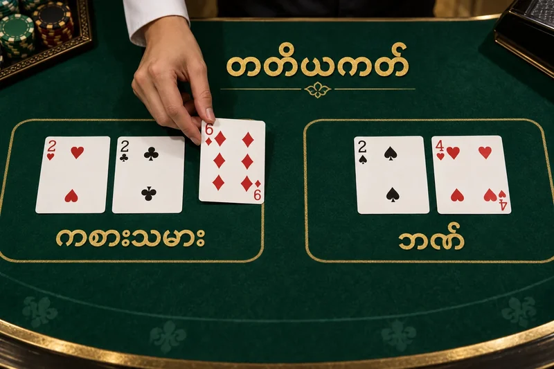 ကစားသမားဘက် 2 နှင့် 2 ပေါ်သို့ တတိယကတ် 6 ချထားစဉ် ဘန်ကာဘက် 2 နှင့် 4 ကို ပြထားပုံ